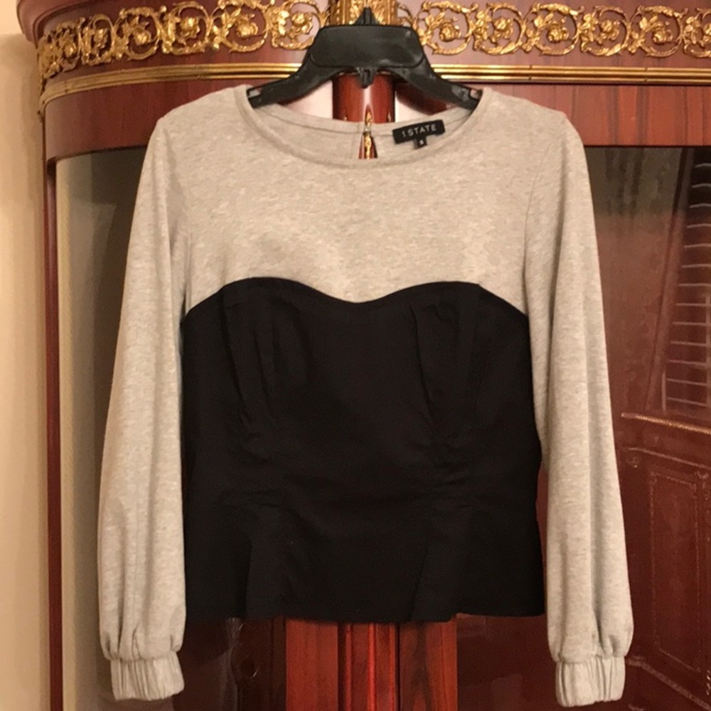 1. STATE First State long sleeve black corset detail gray top Sz.S